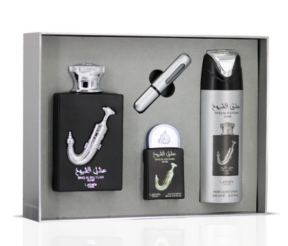 Lattafa Ishq Al Shuyukh Silver Gift Set – Unisex | 100 ml / 3.4 fl oz + Extras