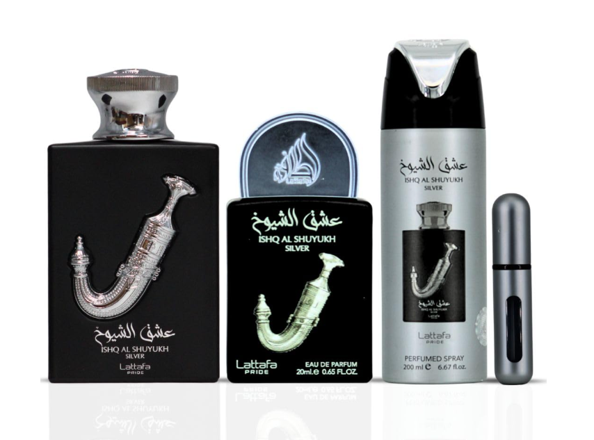 Lattafa Ishq Al Shuyukh Silver Gift Set – Unisex | 100 ml / 3.4 fl oz + Extras