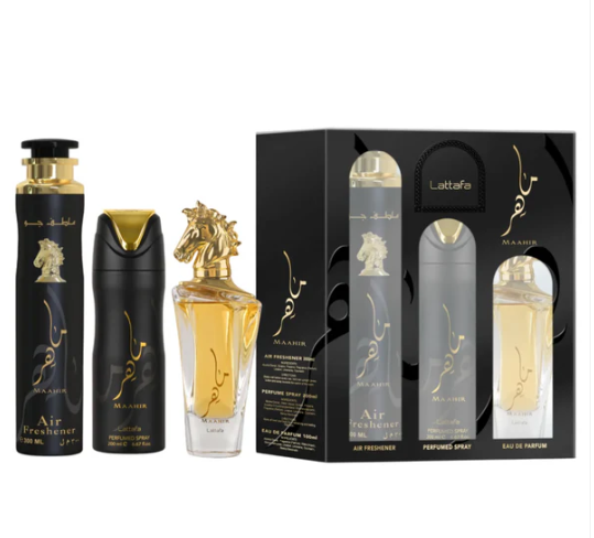 Lattafa Maahir 3-Piece Gift Set – 100 ml / 3.4 fl oz Eau de Parfum + 200 ml / 6.67 fl oz Deodorant + 300 ml / 10.14 fl oz Air Freshener (Unisex)