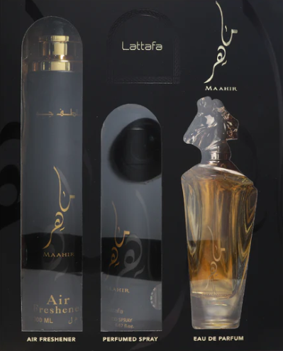 Lattafa Maahir 3-Piece Gift Set – 100 ml / 3.4 fl oz Eau de Parfum + 200 ml / 6.67 fl oz Deodorant + 300 ml / 10.14 fl oz Air Freshener (Unisex)