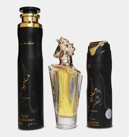 Lattafa Maahir 3-Piece Gift Set – 100 ml / 3.4 fl oz Eau de Parfum + 200 ml / 6.67 fl oz Deodorant + 300 ml / 10.14 fl oz Air Freshener (Unisex)