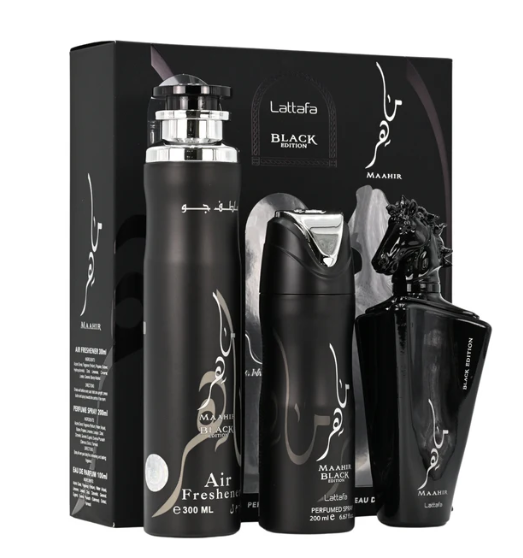 Lattafa Maahir Black Edition 3-Piece Gift Set – 100 ml / 3.4 fl oz Eau de Parfum + 200 ml / 6.67 fl oz Perfumed Spray + 300 ml / 10.14 fl oz Air Freshener (Unisex, New in Box)