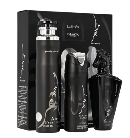 Lattafa Maahir Black Edition 3-Piece Gift Set – 100 ml / 3.4 fl oz Eau de Parfum + 200 ml / 6.67 fl oz Perfumed Spray + 300 ml / 10.14 fl oz Air Freshener (Unisex, New in Box)