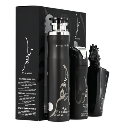 Lattafa Maahir Black Edition 3-Piece Gift Set – 100 ml / 3.4 fl oz Eau de Parfum + 200 ml / 6.67 fl oz Perfumed Spray + 300 ml / 10.14 fl oz Air Freshener (Unisex, New in Box)