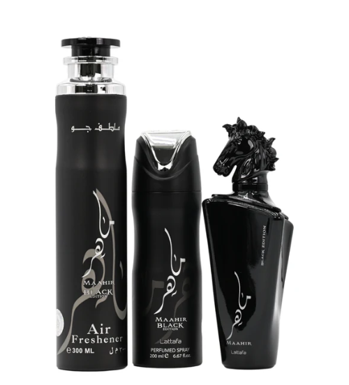 Lattafa Maahir Black Edition 3-Piece Gift Set – 100 ml / 3.4 fl oz Eau de Parfum + 200 ml / 6.67 fl oz Perfumed Spray + 300 ml / 10.14 fl oz Air Freshener (Unisex, New in Box)