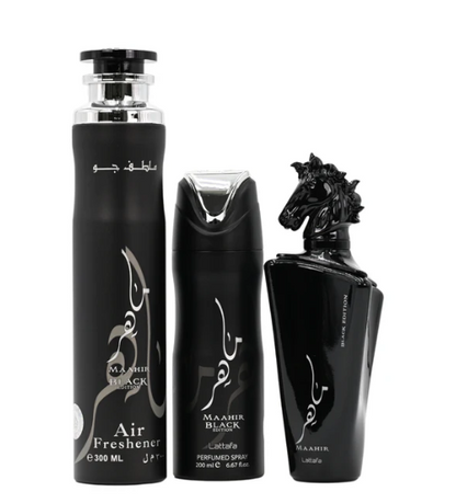 Lattafa Maahir Black Edition 3-Piece Gift Set – 100 ml / 3.4 fl oz Eau de Parfum + 200 ml / 6.67 fl oz Perfumed Spray + 300 ml / 10.14 fl oz Air Freshener (Unisex, New in Box)