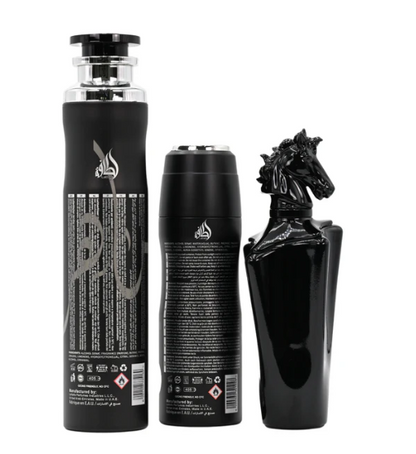 Lattafa Maahir Black Edition 3-Piece Gift Set – 100 ml / 3.4 fl oz Eau de Parfum + 200 ml / 6.67 fl oz Perfumed Spray + 300 ml / 10.14 fl oz Air Freshener (Unisex, New in Box)