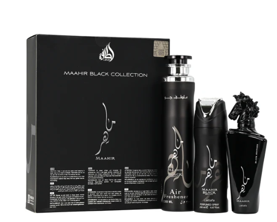 Lattafa Maahir Black Edition 3-Piece Gift Set – 100 ml / 3.4 fl oz Eau de Parfum + 200 ml / 6.67 fl oz Perfumed Spray + 300 ml / 10.14 fl oz Air Freshener (Unisex, New in Box)