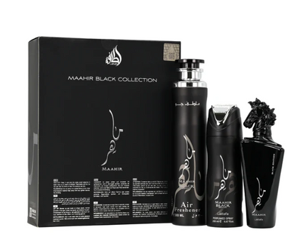 Lattafa Maahir Black Edition 3-Piece Gift Set – 100 ml / 3.4 fl oz Eau de Parfum + 200 ml / 6.67 fl oz Perfumed Spray + 300 ml / 10.14 fl oz Air Freshener (Unisex, New in Box)
