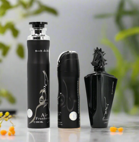 Lattafa Maahir Black Edition 3-Piece Gift Set – 100 ml / 3.4 fl oz Eau de Parfum + 200 ml / 6.67 fl oz Perfumed Spray + 300 ml / 10.14 fl oz Air Freshener (Unisex, New in Box)