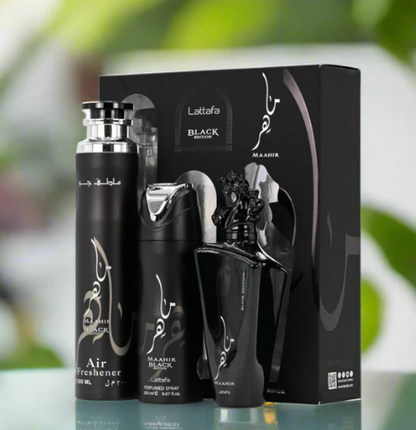 Lattafa Maahir Black Edition 3-Piece Gift Set – 100 ml / 3.4 fl oz Eau de Parfum + 200 ml / 6.67 fl oz Perfumed Spray + 300 ml / 10.14 fl oz Air Freshener (Unisex, New in Box)