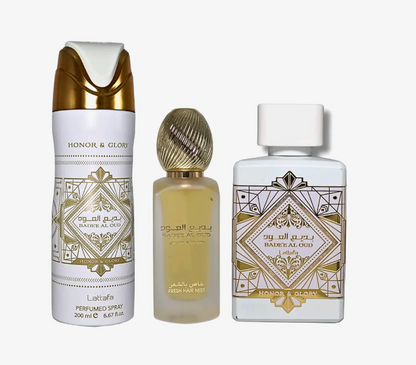 Lattafa Bade’e Al Oud Honor & Glory Gift Set – Unisex | 100 ml / 3.4 fl oz + Extras