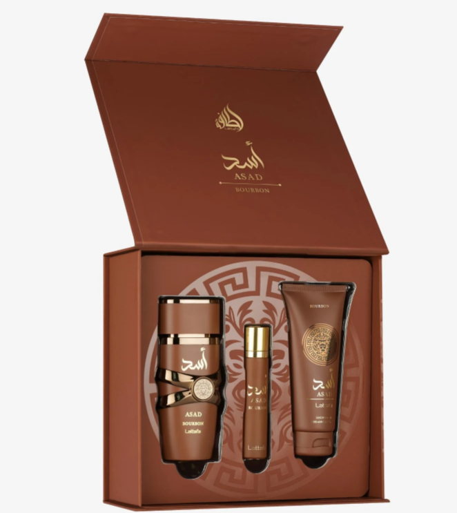Lattafa-Asad Bourbon 3pcs Gift Set – Unisex | 100 ml / 3.4 fl oz + Extras