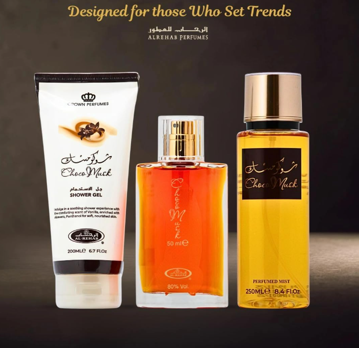 Al‑Rehab Choco Musk 3‑Piece Gift Set – Unisex | 50 ml / 1.69 fl oz + 200 ml Shower Gel + 250 ml Body Mist