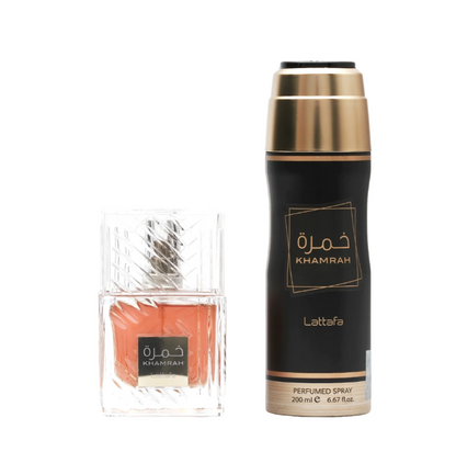 Lattafa Khamrah 2pcs Set – Unisex | 100 ml EDP + 200 ml Perfumed Spray