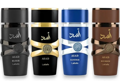 Lattafa Asad Collection 4-Piece Bundle – Asad Elixir + Asad + Asad Zanzibar + Asad Bourbon | 100 ml EDP Each