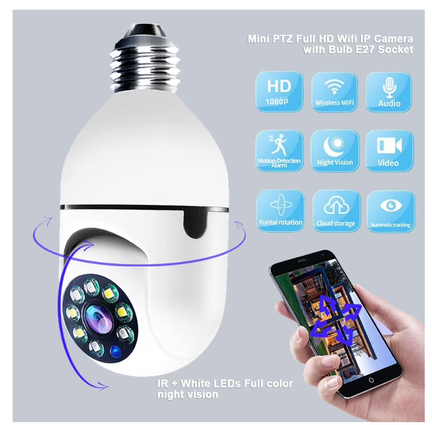 The Toptech Wireless HD Security Light Bulb Camera with Wall Adapter is a light bulb-style smart security camera system that installs into a standard bulb socket or can be powered using a wall adapter.