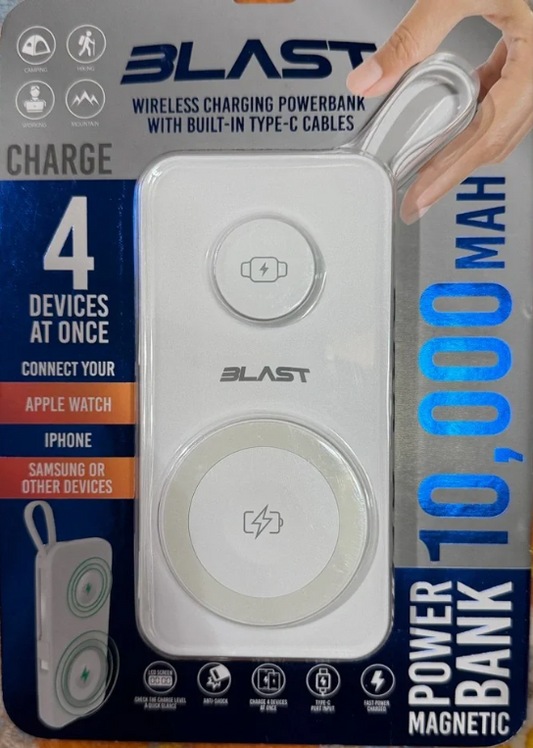 Blast Wireless Charging Power Bank 1,000 mAh White with Built-In Type-C Cables, Portable Wireless Charging Battery Pack, USB-C Fast Output, Compact Travel Power Bank for Phones & Devices
