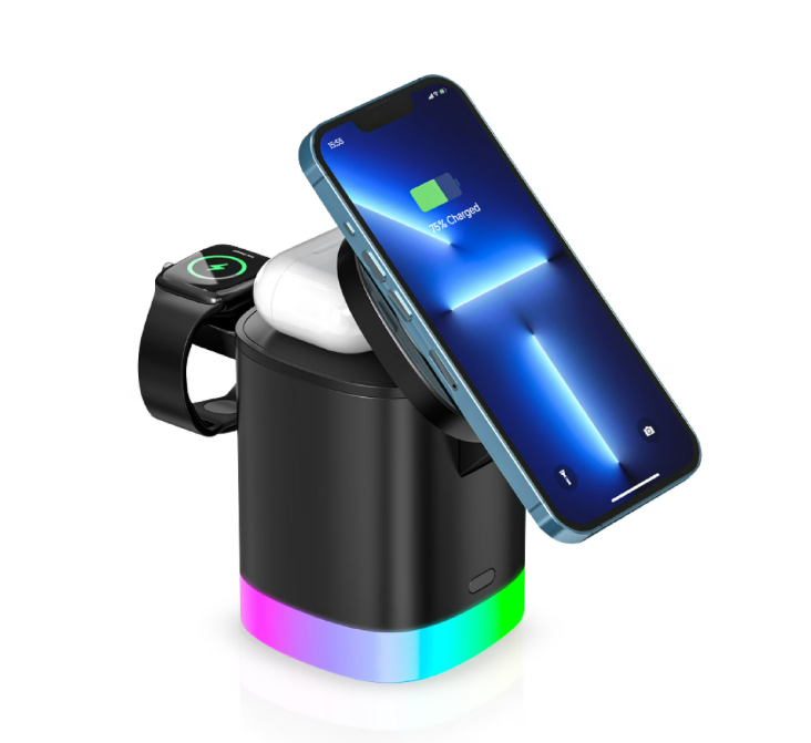 RCA 3-in-1 LED Light Wireless Charging Station, Multi-Device Fast Wireless Charger with LED Lamp, Phone Watch Earbuds Charging Dock, USB Powered Smart Home Charging Stand