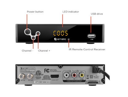Ematic AT103B Digital Converter Box with LED Display & Recording Capabilities, 1080p HD TV Tuner for Analog TVs, USB DVR Playback, HDMI Output, Remote Included