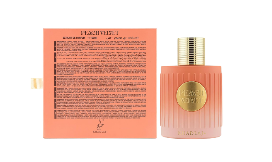 Khadlaj Peach Velvet Eau de Parfum Spray for Women 3.4 FL OZ (100ml) Sweet Fruity Gourmand Peach Vanilla Amber Caramel Long Lasting Luxury Arabic Perfume