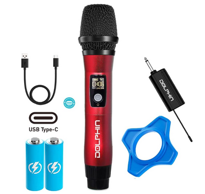 Dolphin MCX11 UHF Wireless Microphone System – Karaoke, Singing, PA, Parties & Events, All-Metal Build, DSP Audio, 50 Channels, Long Range, Rechargeable (Red, Green, Black)