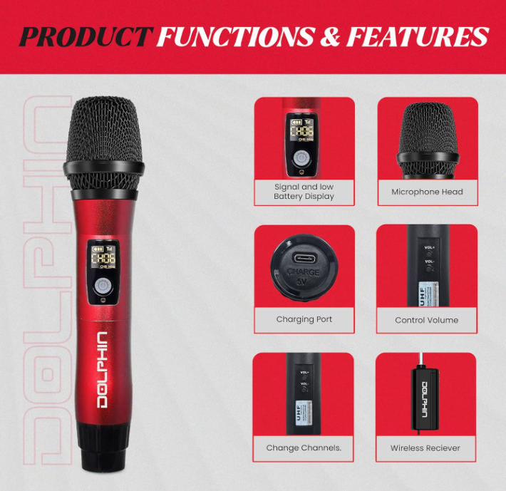 Dolphin MCX11 UHF Wireless Microphone System – Karaoke, Singing, PA, Parties & Events, All-Metal Build, DSP Audio, 50 Channels, Long Range, Rechargeable (Red, Green, Black)
