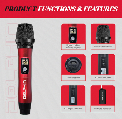 Dolphin MCX11 UHF Wireless Microphone System – Karaoke, Singing, PA, Parties & Events, All-Metal Build, DSP Audio, 50 Channels, Long Range, Rechargeable (Red, Green, Black)