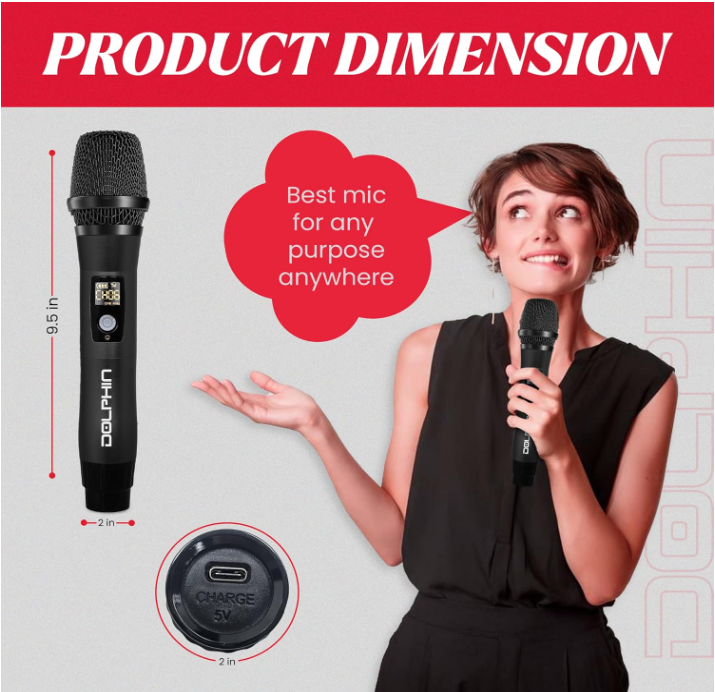 Dolphin MCX11 UHF Wireless Microphone System – Karaoke, Singing, PA, Parties & Events, All-Metal Build, DSP Audio, 50 Channels, Long Range, Rechargeable (Red, Green, Black)