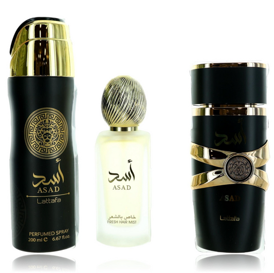 Lattafa Asad 3 Piece Gift Set for Men | Eau de Parfum + Travel Spray + Body Shower | Warm Spicy Amber Woody Long Lasting Luxury Fragrance Set