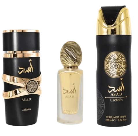 Lattafa Asad 3 Piece Gift Set for Men | Eau de Parfum + Travel Spray + Body Shower | Warm Spicy Amber Woody Long Lasting Luxury Fragrance Set