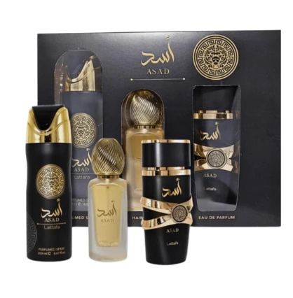 Lattafa Asad 3 Piece Gift Set for Men | Eau de Parfum + Travel Spray + Body Shower | Warm Spicy Amber Woody Long Lasting Luxury Fragrance Set