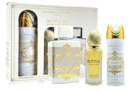 Lattafa Badee Al Oud Honor & Glory 3 Piece Gift Set | Eau de Parfum + Deodorant + Travel Spray | Sweet Gourmand Oud Long Lasting Unisex Luxury Fragrance