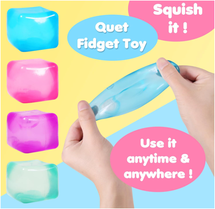 Stress Cube Squishy Stress Balls for Adults & Kids | Ice Cube Shape Fidget Sensory Toy | Soft Squeeze Anxiety Relief Toy | Purple, Green, Blue & Red