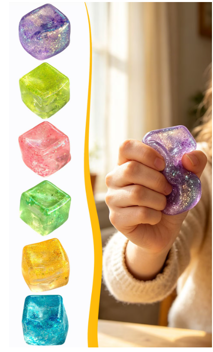 Glitter Nice Square Stress Cube Squishy Toy | Colorful Gel Ice Cube Stress Ball for Adults & Kids | Anxiety Relief Fidget Toy | Blue, Pink, Purple, Green