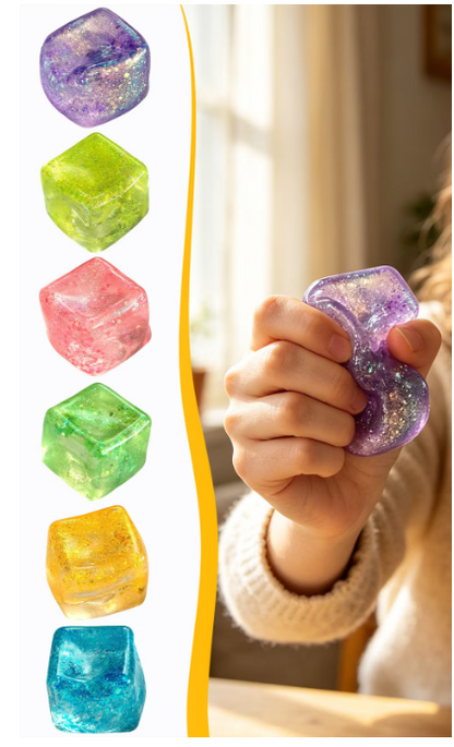 Glitter Nice Square Stress Cube Squishy Toy | Colorful Gel Ice Cube Stress Ball for Adults & Kids | Anxiety Relief Fidget Toy | Blue, Pink, Purple, Green