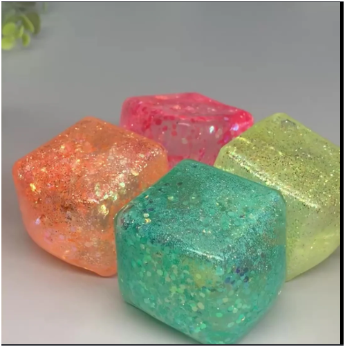 Glitter Nice Square Stress Cube Squishy Toy | Colorful Gel Ice Cube Stress Ball for Adults & Kids | Anxiety Relief Fidget Toy | Blue, Pink, Purple, Green