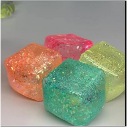 Glitter Nice Square Stress Cube Squishy Toy | Colorful Gel Ice Cube Stress Ball for Adults & Kids | Anxiety Relief Fidget Toy | Blue, Pink, Purple, Green