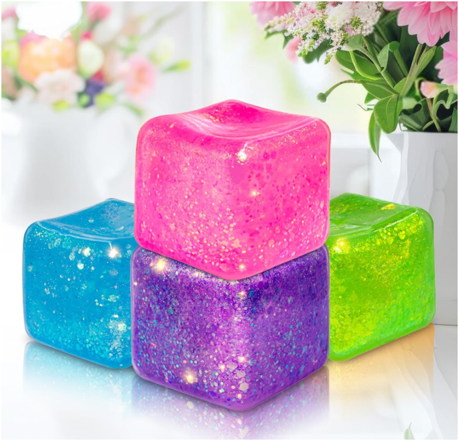Glitter Nice Square Stress Cube Squishy Toy | Colorful Gel Ice Cube Stress Ball for Adults & Kids | Anxiety Relief Fidget Toy | Blue, Pink, Purple, Green
