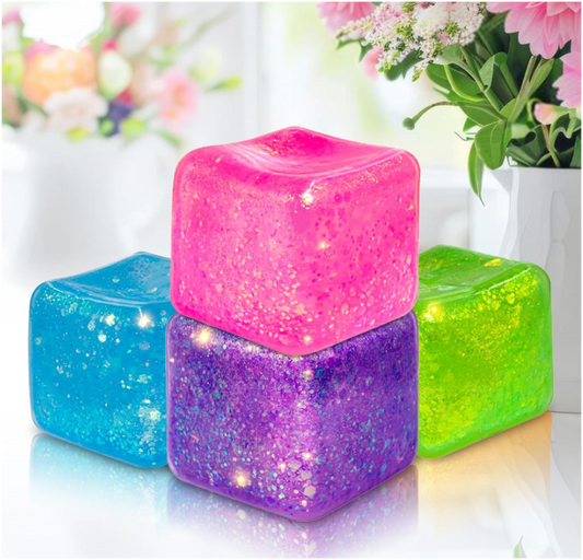 Glitter Nice Square Stress Cube Squishy Toy | Colorful Gel Ice Cube Stress Ball for Adults & Kids | Anxiety Relief Fidget Toy | Blue, Pink, Purple, Green