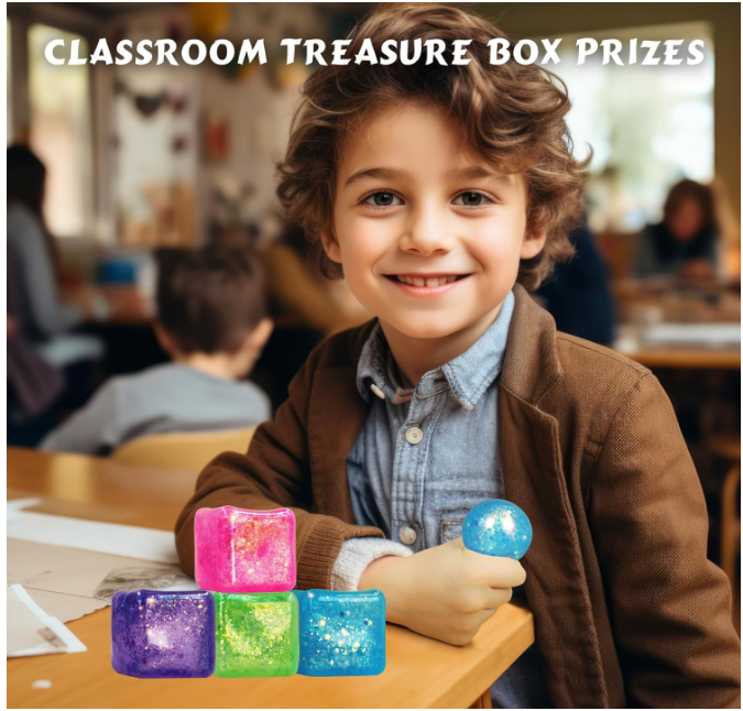 Glitter Nice Square Stress Cube Squishy Toy | Colorful Gel Ice Cube Stress Ball for Adults & Kids | Anxiety Relief Fidget Toy | Blue, Pink, Purple, Green