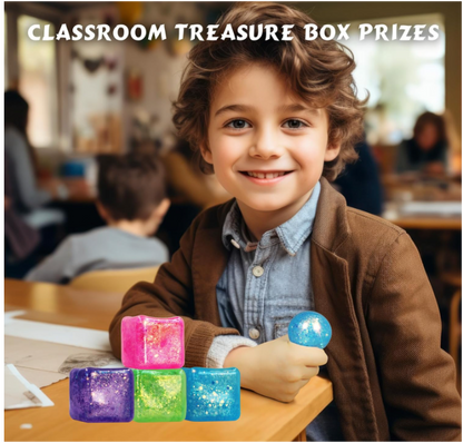 Glitter Nice Square Stress Cube Squishy Toy | Colorful Gel Ice Cube Stress Ball for Adults & Kids | Anxiety Relief Fidget Toy | Blue, Pink, Purple, Green