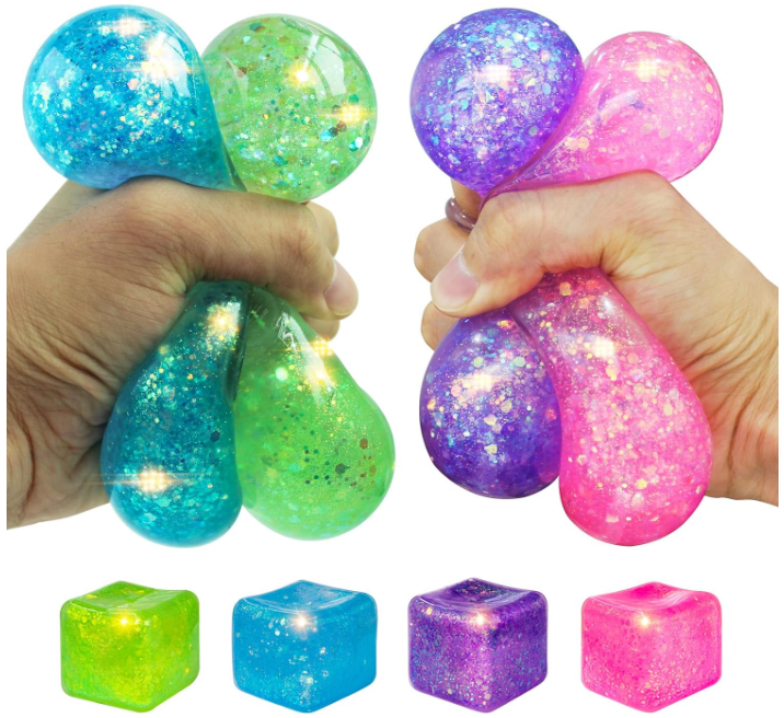 Glitter Nice Square Stress Cube Squishy Toy | Colorful Gel Ice Cube Stress Ball for Adults & Kids | Anxiety Relief Fidget Toy | Blue, Pink, Purple, Green