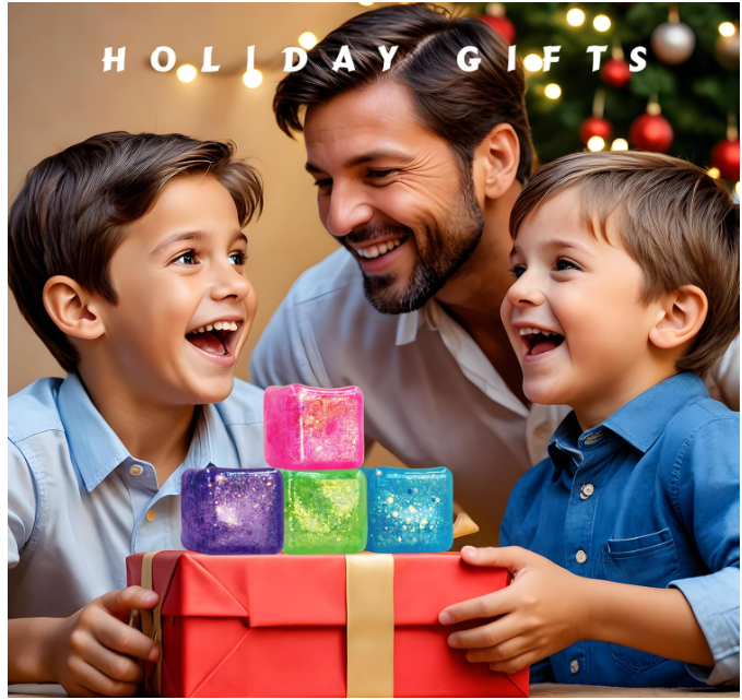 Glitter Nice Square Stress Cube Squishy Toy | Colorful Gel Ice Cube Stress Ball for Adults & Kids | Anxiety Relief Fidget Toy | Blue, Pink, Purple, Green