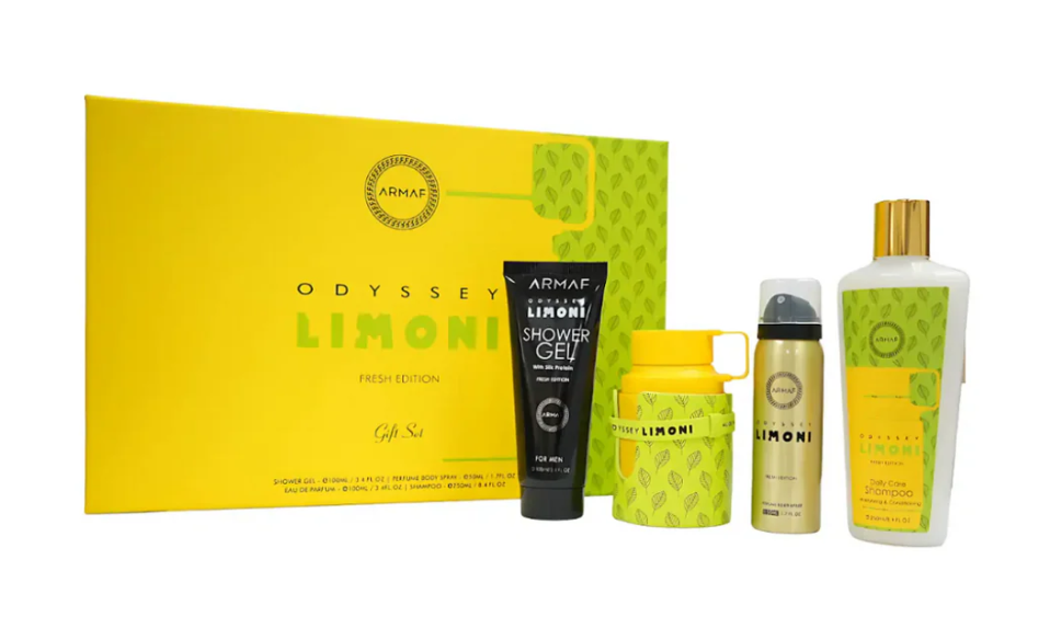 Armaf Odyssey Limoni 4-Piece Gift Set | Eau de Parfum 3.4 oz + Body Spray + Shower Gel + Shampoo | Fresh Citrus Men's Fragrance Collection