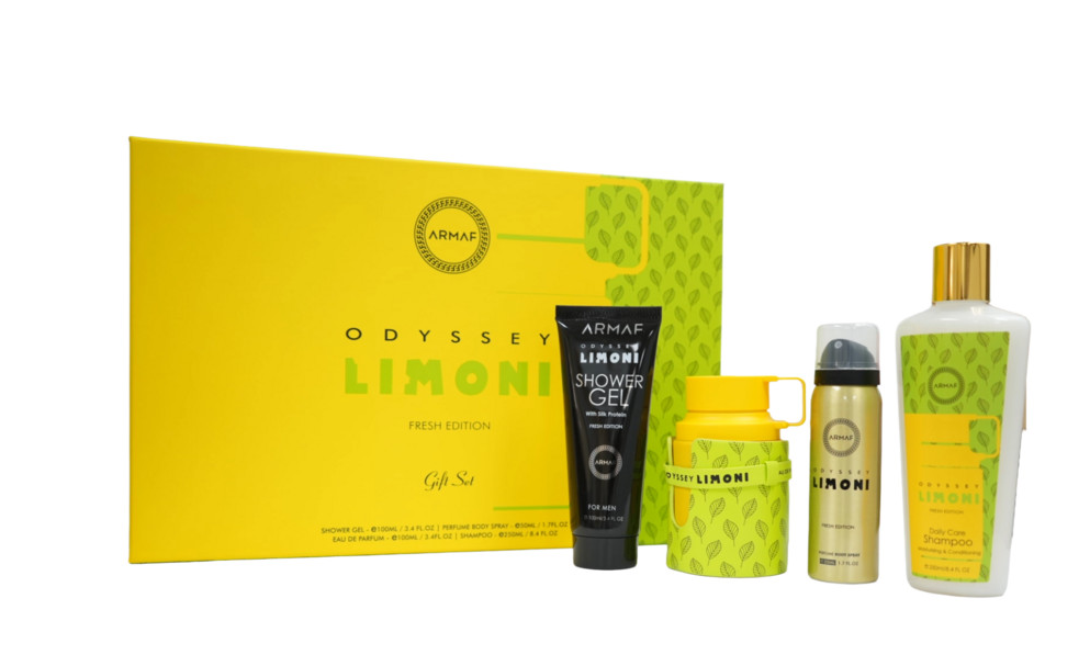 Armaf Odyssey Limoni 4-Piece Gift Set | Eau de Parfum 3.4 oz + Body Spray + Shower Gel + Shampoo | Fresh Citrus Men's Fragrance Collection