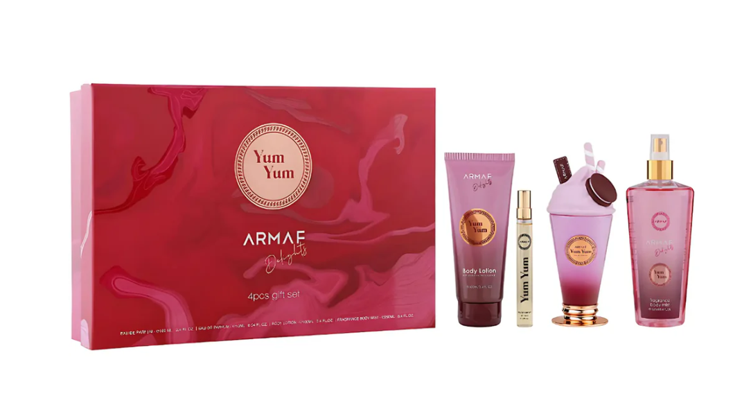Armaf Yum Yum 4-Piece Gift Set | Eau de Parfum 3.4 oz + Travel Spray + Body Lotion + Body Mist | Sweet Fruity Women's Fragrance Collection