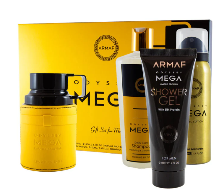 Armaf Odyssey Mega Gift Set | Eau de Parfum 3.4 oz | Luxury 4-Piece Men’s Fragrance Collection | Fresh Citrus Woody Spicy Scent