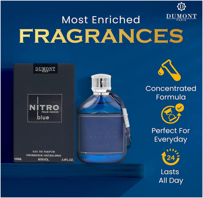 Dumont Nitro Pour Homme Blue Eau de Parfum 100ml | Fresh Aquatic Woody Men's Fragrance | Long Lasting Perfume Spray