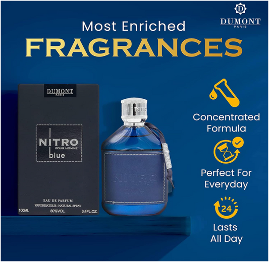 Dumont Nitro Pour Homme Blue Eau de Parfum 100ml | Fresh Aquatic Woody Men's Fragrance | Long Lasting Perfume Spray